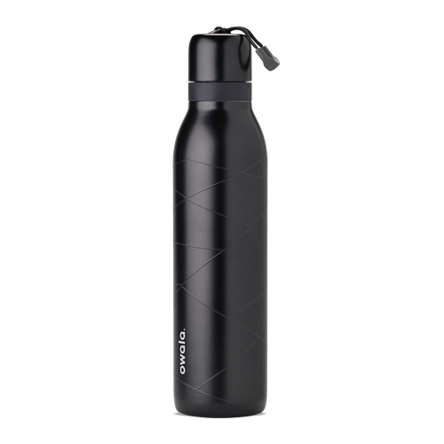 Owala Birthday Bash Lights Camera Action 24oz FreeSip Twist bottle in matte black with subtle tonal geometric line pattern, matching black twist cap, dark gray accent band, and black carry string with gray grip