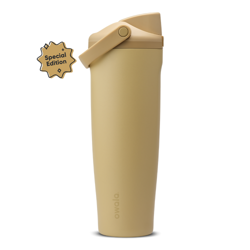 FreeSip Sway 40oz Autumn Vista; warm golden sand body with matching tan flip cap, tan carry loop, and tan lid