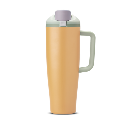 FreeSip Tumbler 40oz Beachfront, golden yellow body with lavender flip cap, sage green accent band and lid, and sage green handle