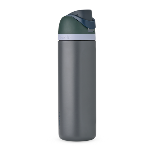 FreeSip 24oz in Off the Grid, charcoal grey body with dark forest green flip cap, navy blue carry loop, and pale lavender accent band