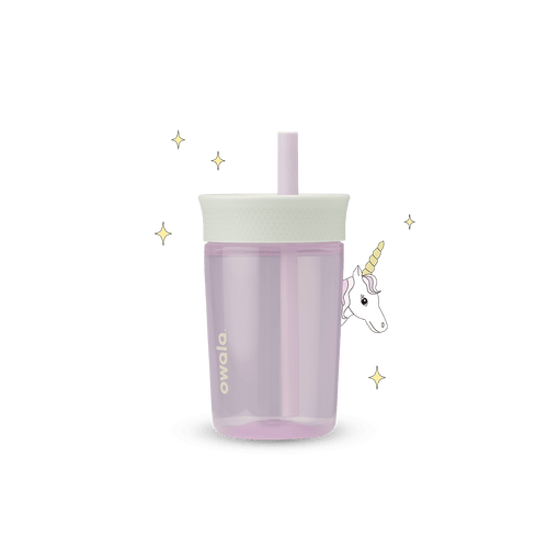 Kids' Tumbler 15oz in Unicorn; translucent lavender plastic body with light green lid and lavender straw, unicorn character graphic on side with sparkle accents