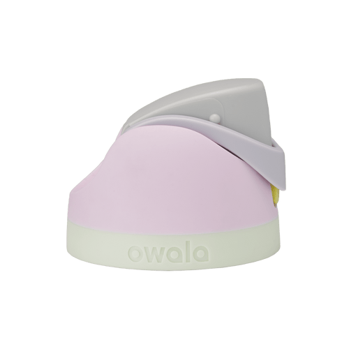 Owala FreeSip replacement lid in Candy Coated, light pink body with light gray flip cap, lavender carry loop, and cream white base accent band