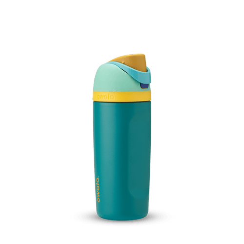 Kids FreeSip 16oz in Splishy Splashy, deep teal insulated bottle with mint green lid, yellow accent band, mustard yellow flip cap, and light blue carry loop