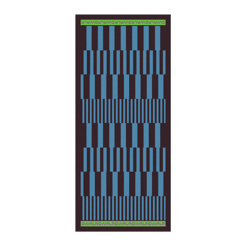 Owala Beach Towel in Retro Dive; geometric pattern of bright blue rectangular blocks on a dark brown background with green Owala logo borders at top and bottom