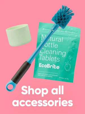 A bottle boot, brush, and cleaning tablets. Shop accessories